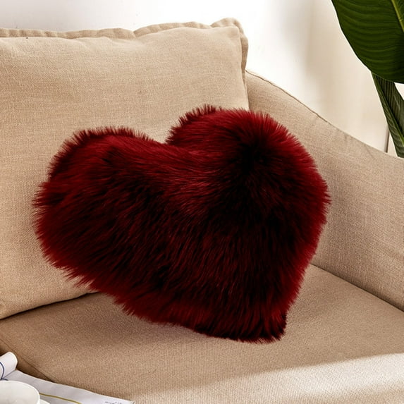 Herrnalise Fluffy Heart Throw Pillows,Plush Shaggy Heart Shaped Decorative Throw Pillow,Cute Throw Pillows Room Decor for Kid Girls Women,Decorations Gift for Valentine's Day Mothers Day - Wine