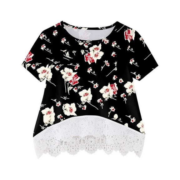 Herrnalise Girls Casual Tunic Tops Crewneck Layered Floral Print Short Sleeve Loose Soft Lace Blouse T-Shirt for 3-14 Years