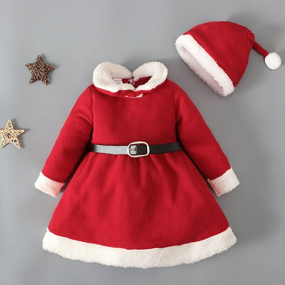 Herrnalise Girls Christmas Dress + Hat + Belt Three-piece Suit rollbacks