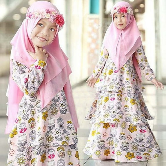 QISIWOLE Girls Long Sleeve Floral Round Neck Dress Turban Two Piece Muslim Children's Clothing clearance under $10