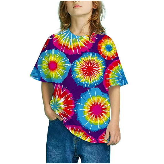 Herrnalise Girls Short Sleeve Gradient Print Tops Child Crewneck Summer Casual Loose Tshirt