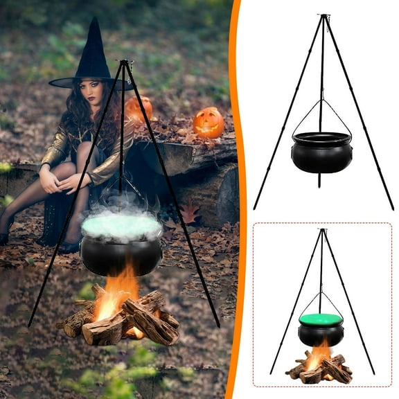 Herrnalise Halloween Decorations Outdoor,Large Witches Cauldron on Tripod with String Lights and Smoke,Black Plastic Bowl Witches Cauldron Decoration for Halloween Home Yard Decor