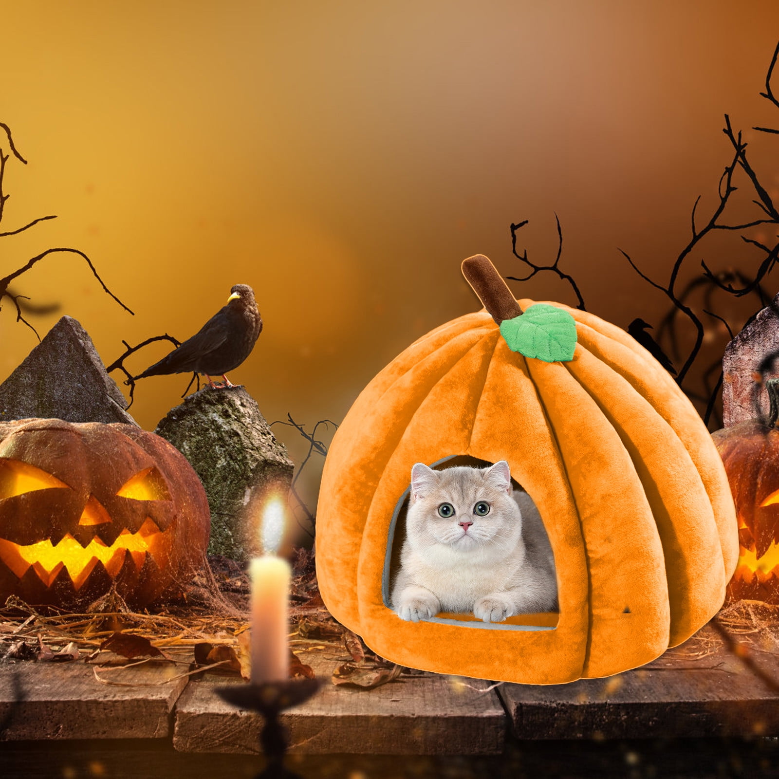Herrnalise Halloween Pumpkin Cat House,16"×18" Cute Pumpkin Shape Cat Cave Bed Cat Tent with Removable Cushion,Warm Semi-Enclosed Cave Nest Sleeping Bed for Cats & Small Dogs,Orange