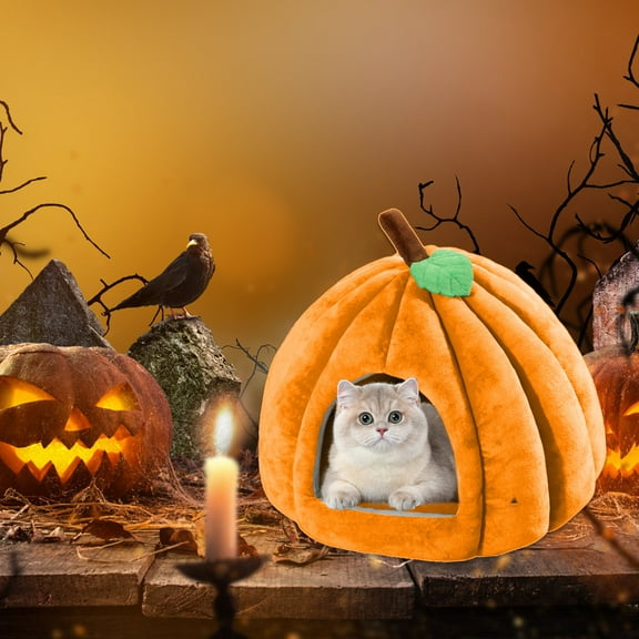 Herrnalise Halloween Pumpkin Cat House,16"×18" Cute Pumpkin Shape Cat Cave Bed Cat Tent with Removable Cushion,Warm Semi-Enclosed Cave Nest Sleeping Bed for Cats & Small Dogs,Orange