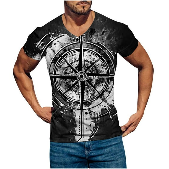 Herrnalise Independence Day Summer Shirts for Men Men's Cotton Shirt Short Sleeve Hippie Casual Beach T Shirts Compass printed V Neck Shirt for men