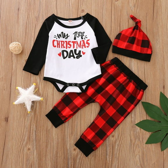 Herrnalise Infant Baby Boy Girl Christmas Letter Print Bodysuit Romper+Plaid Pants Outfits