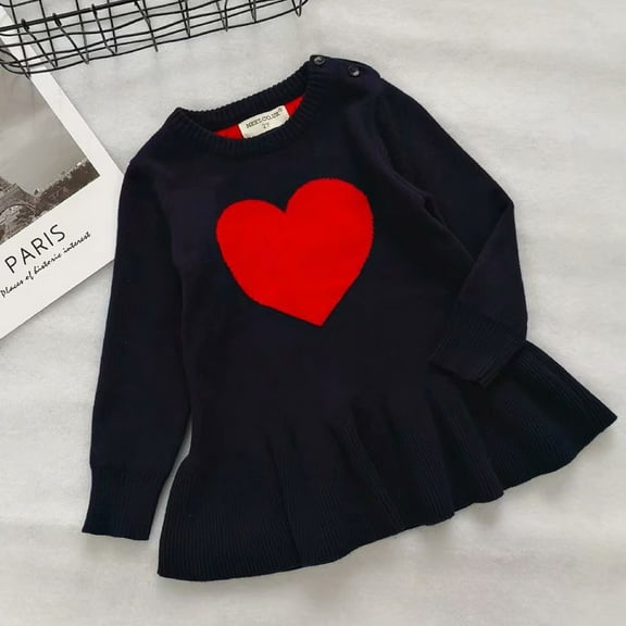 Herrnalise Infant Baby Kids Girls Long Sleeve Knit Heart Print Ruffle Dress Princess Dress