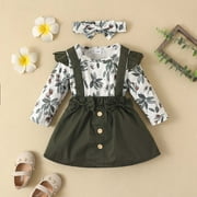 Herrnalise Infant Toddler Baby Girls Leaf Print Long-sleeved Romper Bow Suspender Skirt Three-piece Set,clearance under 5