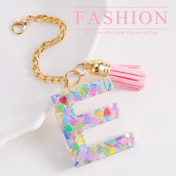 Herrnalise Initials Letter Keychain,Premium Resin Letter Keychain with Tassel and Colorful Heart-Shaped Sequins for Women Wallet Backpack Bag,Initials E