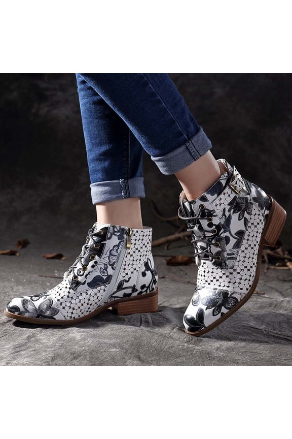 Ink Painting Flower Pattern Cow Leather Splicing Lace-Up Stitching Ankle Boots rollbacks