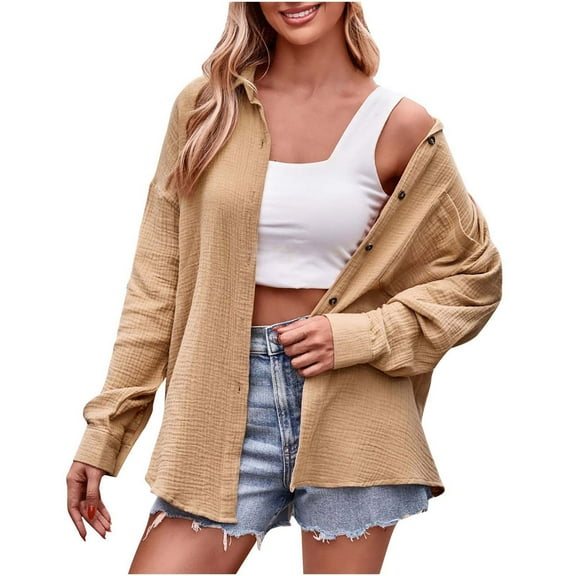 Herrnalise Jackets For Women Cardigan Casual Fashion Comfortable Pocket Loose Long Sleeved Color Shirt Shackets For Women 2024 fall Beige,XXL
