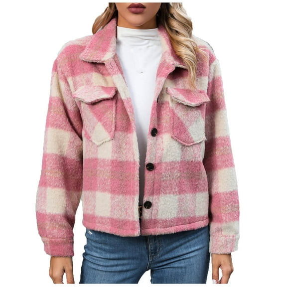 Herrnalise Jackets For Women Checkered Long Sleeved Lapel Pocket Woolen Loose Coat Top Shackets For Women 2024 fall Pink,M