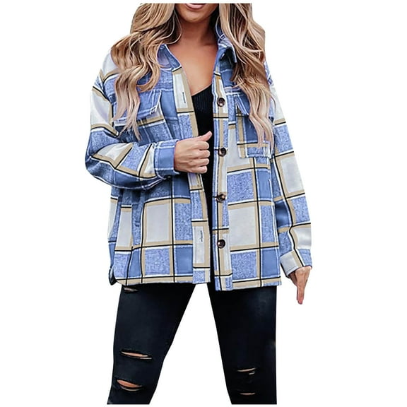 Herrnalise Jackets For Women Fashion Casual Pockets Printed Long Sleeve Tops Jacket Plaid Coat Shackets For Women 2024 fall Sky Blue,L