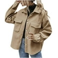 thumbnail image 1 of Herrnalise Jackets For Women Fashion Casual Solid Color Buttons Tops Turndown Collar Long Sleeve Hoodless Casual Outwear Shackets For Women 2024 fall Khaki,M, 1 of 7