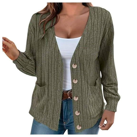 Herrnalise Jackets For Women Fashion Long Sleeve V-neck Cardigan Coat Tops Shackets For Women 2024 fall Army Green,S