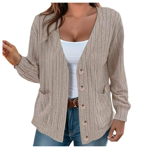 Herrnalise Jackets For Women Fashion Long Sleeve V-neck Cardigan Coat Tops Shackets For Women 2024 fall Khaki,XXL