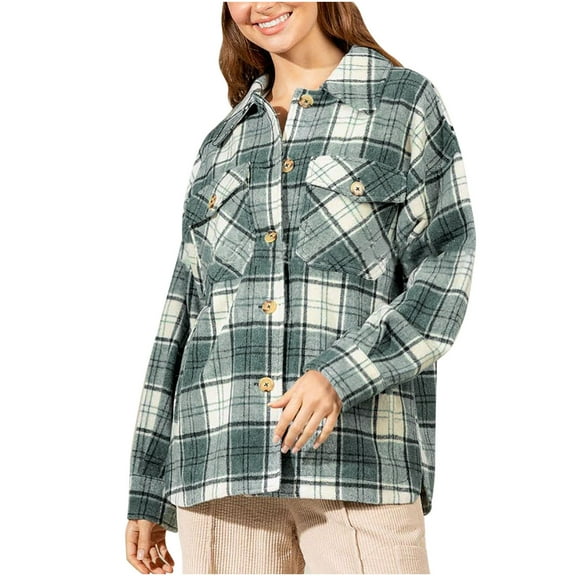 Herrnalise Jackets For Women Fashion Loose Long Splicing Sleeve Blouse Casual Tops Comfortable Coat Shackets For Women 2024 fall Green,XL