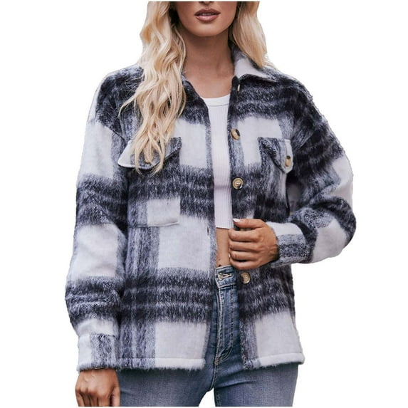 Herrnalise Jackets For Women Fashion Loose Plaid Printed Hatless Jacket Tops Shackets For Women 2024 fall Blue,XXL