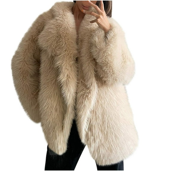 Herrnalise Jackets For Women Fashion Solid Long Sleeve Warm Coat Faux Tops Beige,M