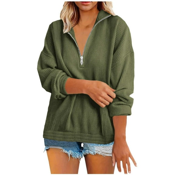 Herrnalise Jackets For Women Fashion Zipper V-Neck Pullover Casual Tops Army Green,S
