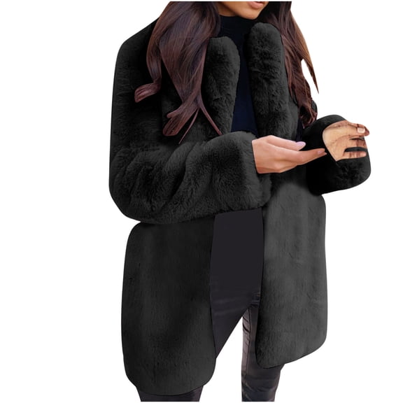 Herrnalise Jackets For Women Long Sleeve Lapel Plush Coat Fashion Solid Color Warm Coat Black,L