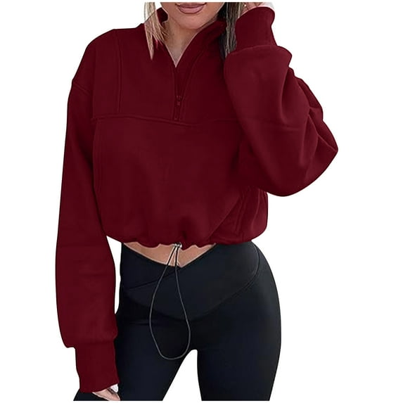Herrnalise Jackets For Women New Standing Neck Half Zipper Bottom Drawstring Casual Plush Sweater Shackets For Women 2024 fall Wine,XL