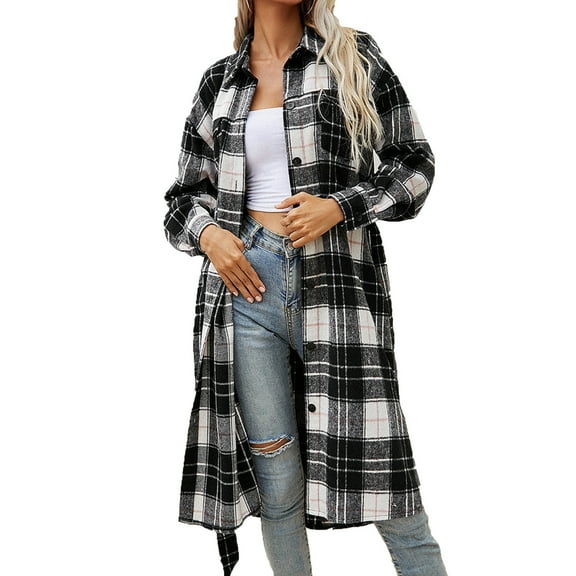 Herrnalise Jackets For Women New Style Plaid Shirt Loose Long Sleeve Casual Zipper Jacket Coat Shackets For Women 2024 fall Black,S