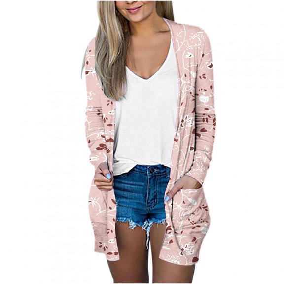 Herrnalise Jackets For Women Printing Long Sleeve Casual Tops Blouse With Pocket Cardigan Outwear Shackets For Women 2024 fall Pink,S