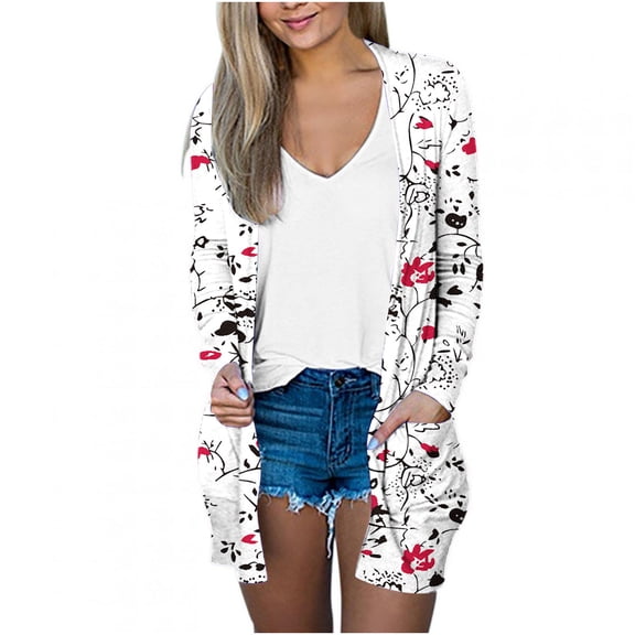 Herrnalise Jackets For Women Printing Long Sleeve Casual Tops Blouse With Pocket Cardigan Outwear Shackets For Women 2024 fall White,L