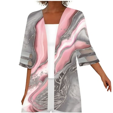 Herrnalise Jackets For Women Printing Mesh Splicing Three Quarter Sleeve Casual Tops Blouse Cardigan Shackets For Women 2023 fall Pink,XL