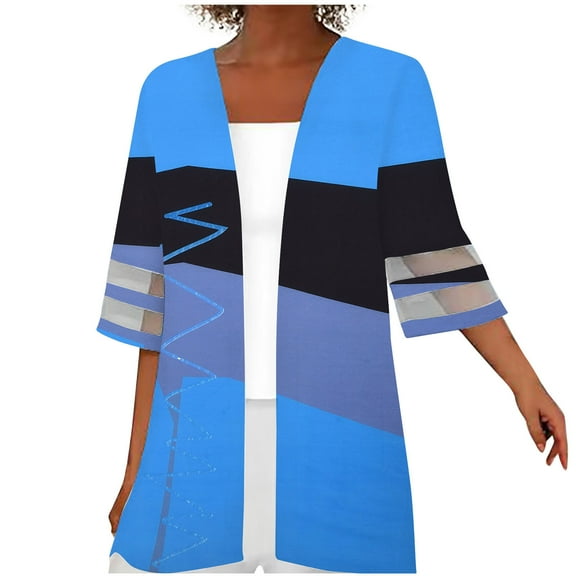Herrnalise Jackets For Women Printing Mesh Splicing Three Quarter Sleeve Casual Tops Blouse Cardigan Shackets For Women 2024 fall Blue,L