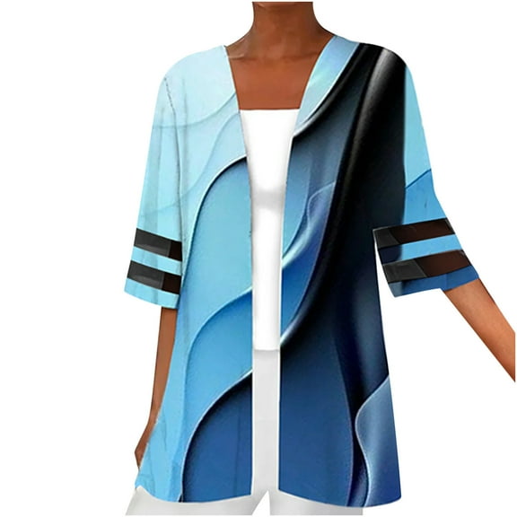 Herrnalise Jackets For Women Printing Mesh Splicing Three Quarter Sleeve Casual Tops Blouse Cardigan Shackets For Women 2024 fall Blue,M