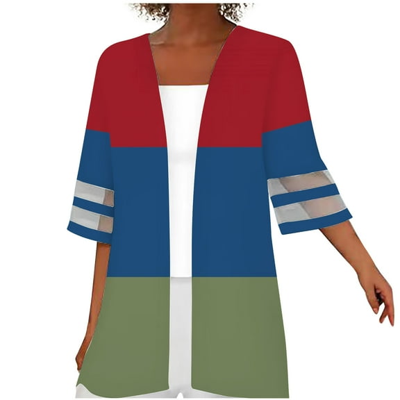 Herrnalise Jackets For Women Printing Mesh Splicing Three Quarter Sleeve Casual Tops Blouse Cardigan Shackets For Women 2024 fall Red,XL