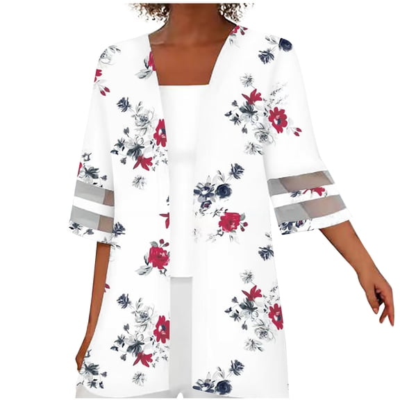 Herrnalise Jackets For Women Printing Mesh Splicing Three Quarter Sleeve Casual Tops Blouse Cardigan Shackets For Women 2024 fall White,M