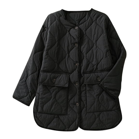 Herrnalise Jackets For Women Solid Color Plaid Pocket Cotton Jacket Button Cotton Jacket Long Sleeved Jacket Shackets For Women 2024 fall Black,M