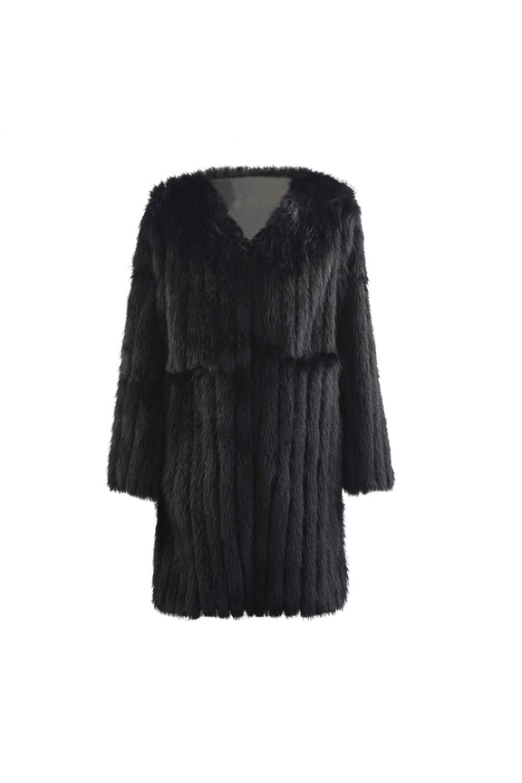 Jackets For Women Solid Vertical Stripe Toka Faux Rabbit Long Coat V-Neck Coat Faux Coat Shackets For Women 2024 fall Black,L