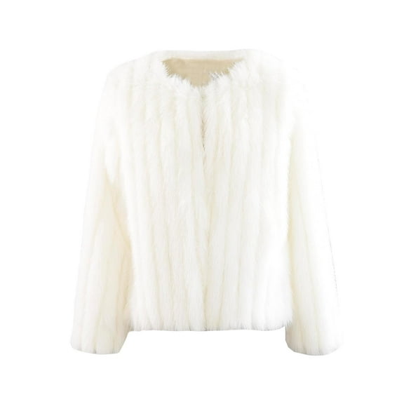 Herrnalise Jackets For Women Solid Vertical Stripe Toka Faux Rabbit Short Coat V-Neck Coat Faux Coat Shackets For Women 2024 fall White,S