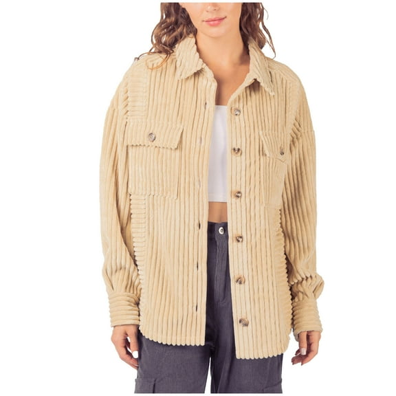 Herrnalise Jackets For Women Winter Fashion Button Corduroy Stripe Large Pocket Shirt Coat Shackets For Women 2024 fall Beige,L