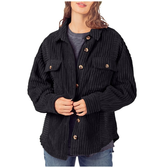 Herrnalise Jackets For Women Winter Fashion Button Corduroy Stripe Large Pocket Shirt Coat Shackets For Women 2024 fall Black,M