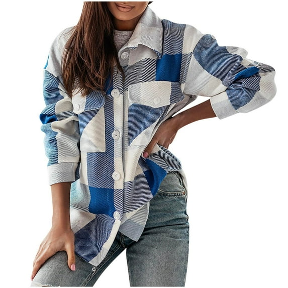 Herrnalise Jackets For Women Winter Fashion Colorful Plaid Shirt Brushed Fleece Loose Casual Windproof Plaid Coat Blue,XL