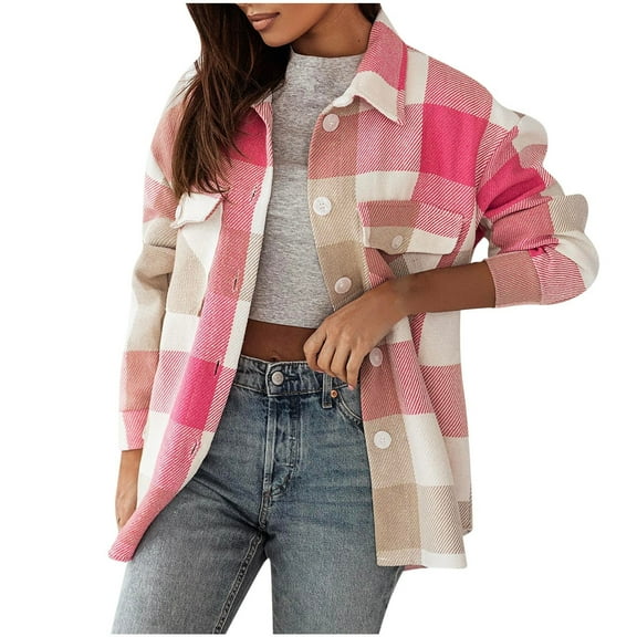 Herrnalise Jackets For Women Winter Fashion Colorful Plaid Shirt Brushed Fleece Loose Casual Windproof Plaid Coat Pink,L