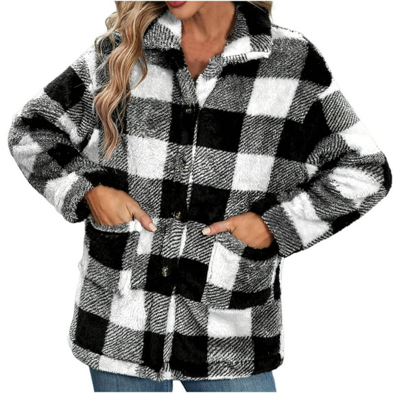 Herrnalise Jackets For Women Winter Fashionable Loose Plaid Lapel Flannel Top Shackets For Women 2024 fall Black,XL