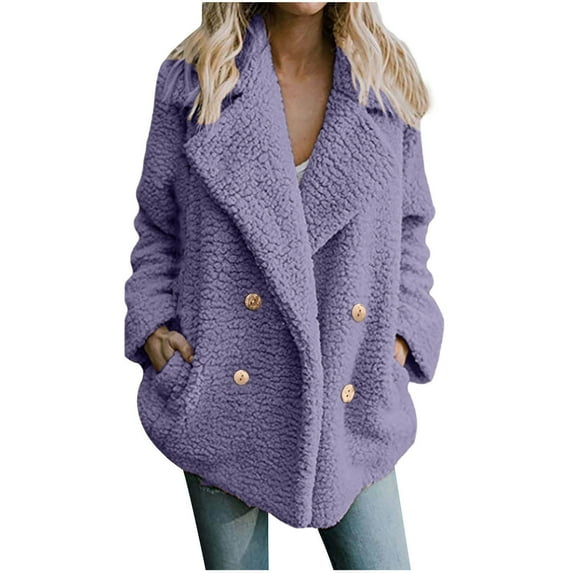 Herrnalise Jackets For Women Winter Lapel Double Breasted Loose Fitting Lamb Sweater Jacket Purple,L