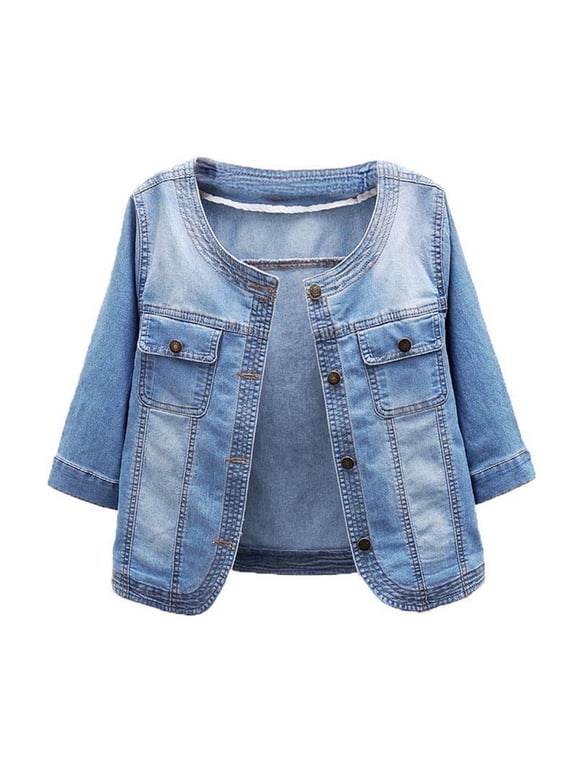 Jackets For Women With Pockets Medium Sleeved Short Soft Denim Jacket Round Neck Small Shawl Top Shackets For Women 2024 fall Light Blue,S
