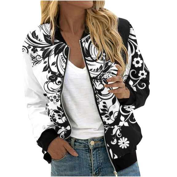 Herrnalise Jackets For Women Casual Print Patchwork OuterwearCardigan Jacket Zippered Jacket Long Sleeved Casual Jacket Shackets For Women 2024 fall White,XXL