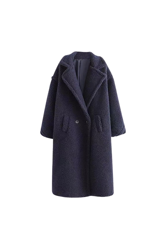 Jackets For Women Fall And Winter Solid Color Loose Cardigan Artificial Teddy Long Sleeve Thickened Warm Long Coat Shackets For Women 2024 fall Navy,S