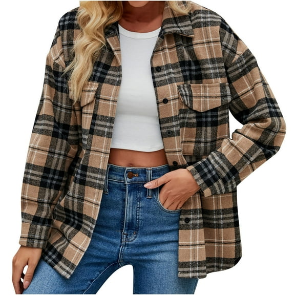 Herrnalise Jackets For Women Fashion Comfortable Casual Checker Printing Pocket Button Cardigan Turndown Collar Long Sleeve Hoodless Casual Outwear Shackets For Women 2024 fall Khaki,M