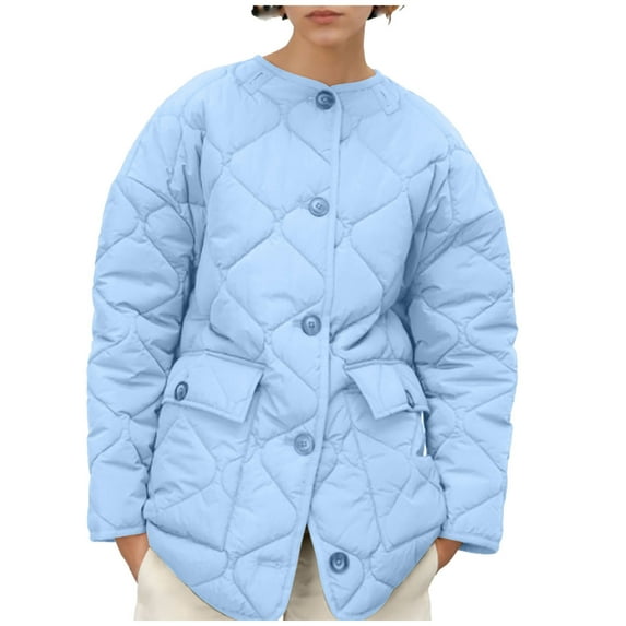 Herrnalise Jackets For Women Solid Color Large Diamond Plaid Large Pocket Cotton Coat Long Sleeve Button Cotton Jacket Shackets For Women 2024 fall Light Blue,L