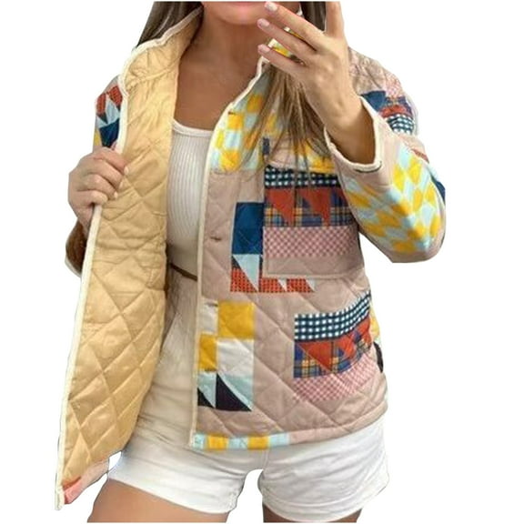 Herrnalise Jackets For Women Winter New European And American Style Large Size Geometric Printed Standing Collar Quilted Cotton Coat For Women Shackets For Women 2024 fall Khaki,S