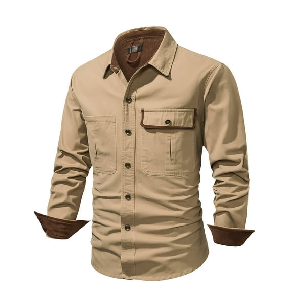 Herrnalise Jackets for Men Casual Dress Shirt Button Down Shirts Long-Sleeve Denim Work Shirt Single-Breasted Turn Down Collar Jacket Khaki